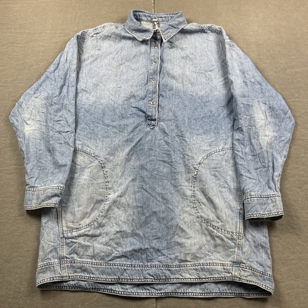 Free People Jacket Womens Medium Blue Denim Long Chore Coat‎ Button Henley Dress